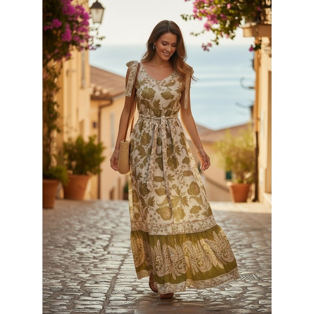 Miss June Paris Maxi Dress Womens OS Floral Paisley Olive Green Tie Shoulder NEW